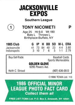 1986 TCMA Jacksonville Expos #1 Tony Nicometi Back