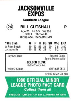 1986 TCMA Jacksonville Expos #24 Bill Cutshall Back