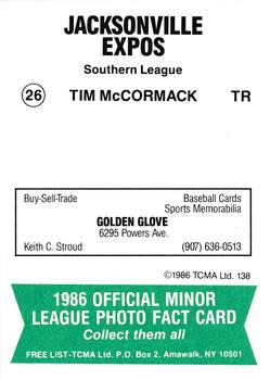 1986 TCMA Jacksonville Expos #26 Tim McCormack Back