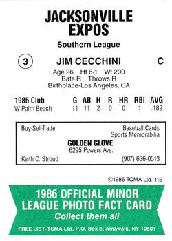 1986 TCMA Jacksonville Expos #3 Jim Cecchini Back