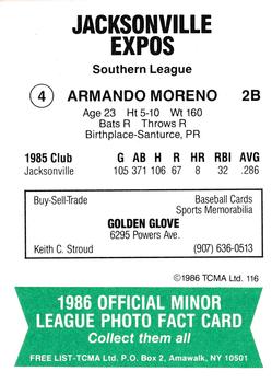 1986 TCMA Jacksonville Expos #4 Armando Moreno Back
