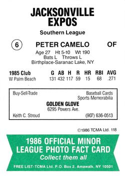 1986 TCMA Jacksonville Expos #6 Peter Camelo Back