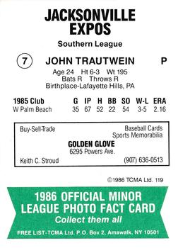 1986 TCMA Jacksonville Expos #7 John Trautwein Back