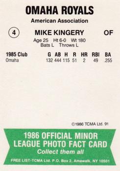 1986 TCMA Omaha Royals #4 Mike Kingery Back