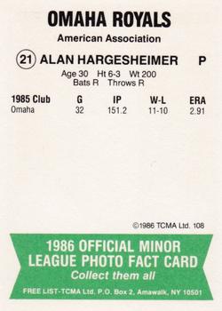 1986 TCMA Omaha Royals #21 Alan Hargesheimer Back