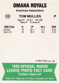 1986 TCMA Omaha Royals #22 Tom Mullen Back