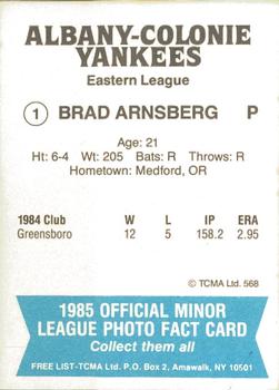 1985 TCMA Albany-Colonie Yankees #1 Brad Arnsberg Back