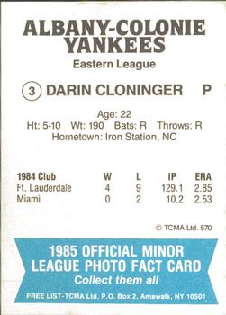 1985 TCMA Albany-Colonie Yankees #3 Darin Cloninger Back