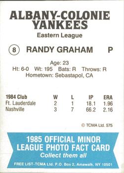 1985 TCMA Albany-Colonie Yankees #8 Randy Graham Back