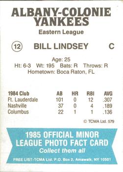 1985 TCMA Albany-Colonie Yankees #12 Bill Lindsey Back