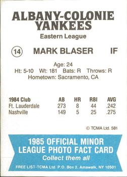 1985 TCMA Albany-Colonie Yankees #14 Mark Blaser Back