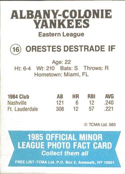 1985 TCMA Albany-Colonie Yankees #16 Orestes Destrade Back