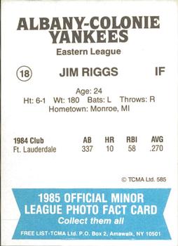 1985 TCMA Albany-Colonie Yankees #18 Jim Riggs Back