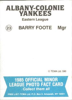 1985 TCMA Albany-Colonie Yankees #23 Barry Foote Back