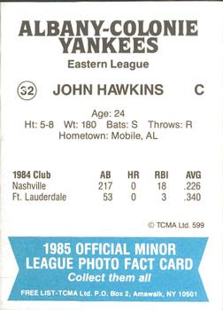 1985 TCMA Albany-Colonie Yankees #32 John Hawkins Back
