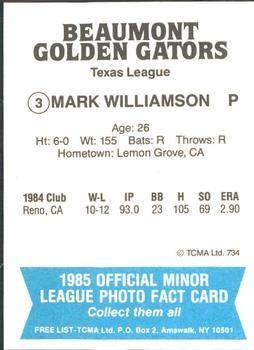 1985 TCMA Beaumont Golden Gators #3 Mark Williamson Back