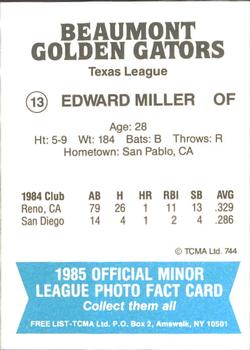 1985 TCMA Beaumont Golden Gators #13 Edward Miller Back