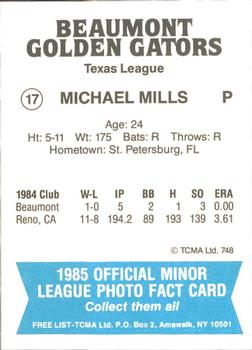 1985 TCMA Beaumont Golden Gators #17 Michael Mills Back