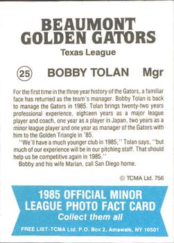 1985 TCMA Beaumont Golden Gators #25 Bob Tolan Back