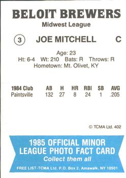 1985 TCMA Beloit Brewers #3 Joe Mitchell Back