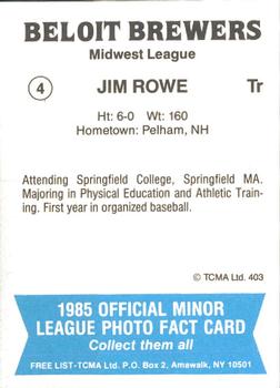 1985 TCMA Beloit Brewers #4 Jim Rowe Back