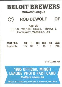 1985 TCMA Beloit Brewers #7 Rob Dewolf Back