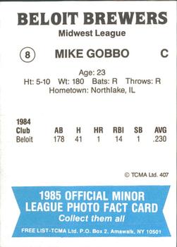 1985 TCMA Beloit Brewers #8 Mike Gobbo Back