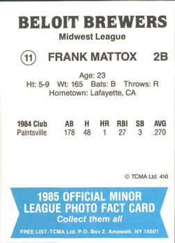 1985 TCMA Beloit Brewers #11 Frank Mattox Back