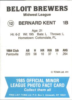 1985 TCMA Beloit Brewers #12 Bernard Kent Back