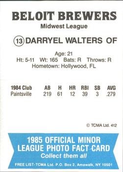1985 TCMA Beloit Brewers #13 Darryel Walters Back