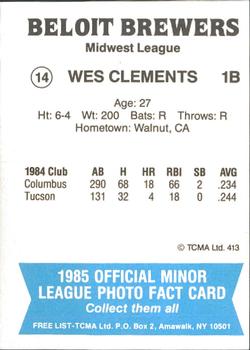 1985 TCMA Beloit Brewers #14 Wes Clements Back