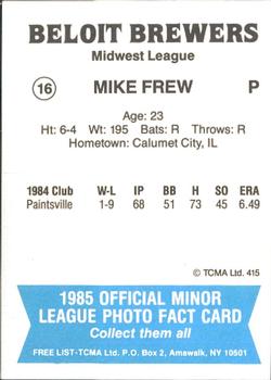1985 TCMA Beloit Brewers #16 Mike Frew Back