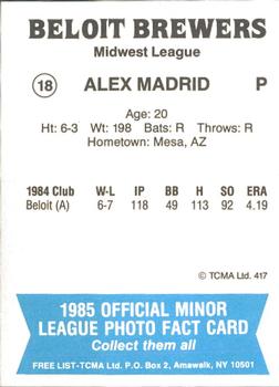 1985 TCMA Beloit Brewers #18 Alex Madrid Back