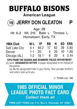 1985 TCMA Buffalo Bisons #19 Jerry Don Gleaton Back