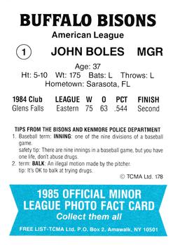 1985 TCMA Buffalo Bisons #1 John Boles Back