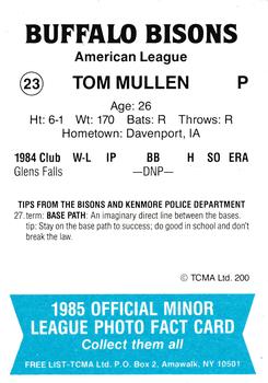 1985 TCMA Buffalo Bisons #23 Tom Mullen Back