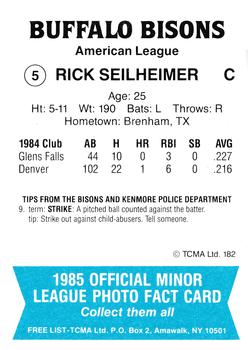 1985 TCMA Buffalo Bisons #5 Rick Seilheimer Back