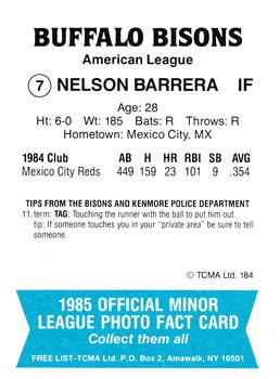 1985 TCMA Buffalo Bisons #7 Nelson Barrera Back