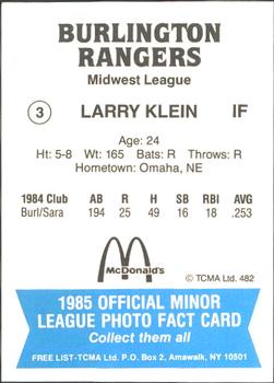 1985 TCMA Burlington Rangers #3 Larry Klein Back