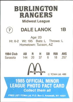 1985 TCMA Burlington Rangers #7 Dale Lanik Back