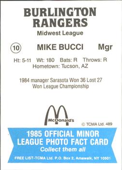 1985 TCMA Burlington Rangers #10 Mike Bucci Back