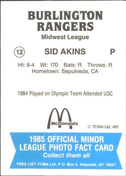 1985 TCMA Burlington Rangers #12 Sid Akins Back