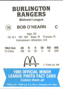 1985 TCMA Burlington Rangers #16 Bob O'Hearn Back