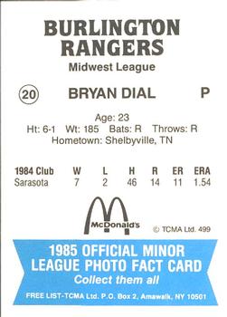 1985 TCMA Burlington Rangers #20 Bryan Dial Back
