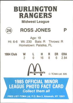 1985 TCMA Burlington Rangers #26 Ross Jones Back