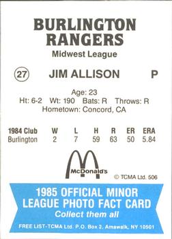 1985 TCMA Burlington Rangers #27 Jim Allison Back