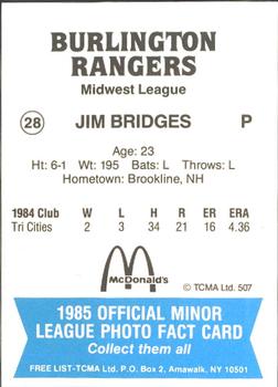 1985 TCMA Burlington Rangers #28 Jim Bridges Back