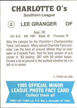 1985 TCMA Charlotte O's #2 Lee Granger Back