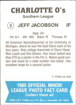 1985 TCMA Charlotte O's #3 Jeff Jacobson Back