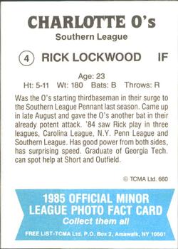 1985 TCMA Charlotte O's #4 Rick Lockwood Back